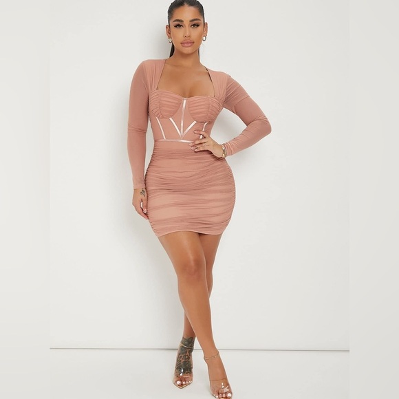4/$25 NWT SHEIN TrendsL'Amorae Ruched Mesh Bustier Bodycon Dress Dusty Pink Sz L - Picture 4 of 12